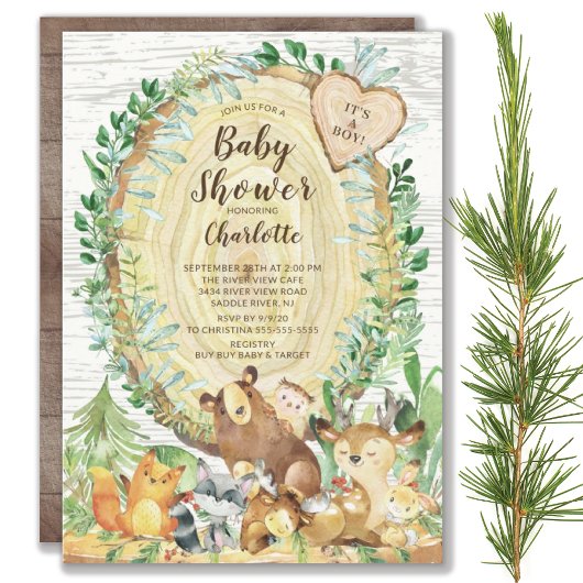 Invitation Bois rustique Animaux Baby shower garçons