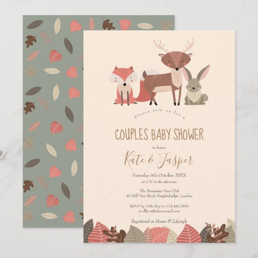 Invitation Bois rustique Animaux Couples Baby shower forestie (Devant / Derrière)