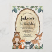 Invitation Bois rustique animaux garçons 1ère fête d'annivers (Devant / Derrière)