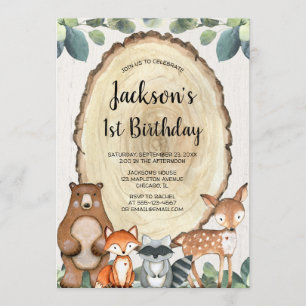 Invitation Bois rustique animaux garçons 1ère fête d'annivers