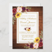 Invitation Bois rustique Aquarelle Floral Gold Frame Mariage (Devant)