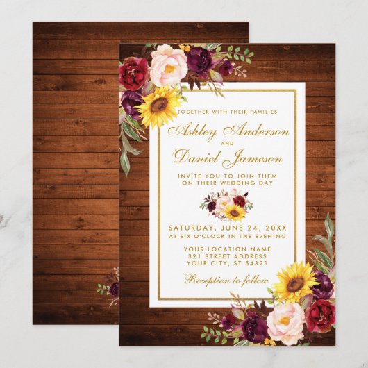 Invitation Bois rustique Aquarelle Floral Gold Frame Mariage (Devant / Derrière)