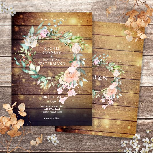 Invitation Bois rustique Aquarelle Verdure Floral Mariage