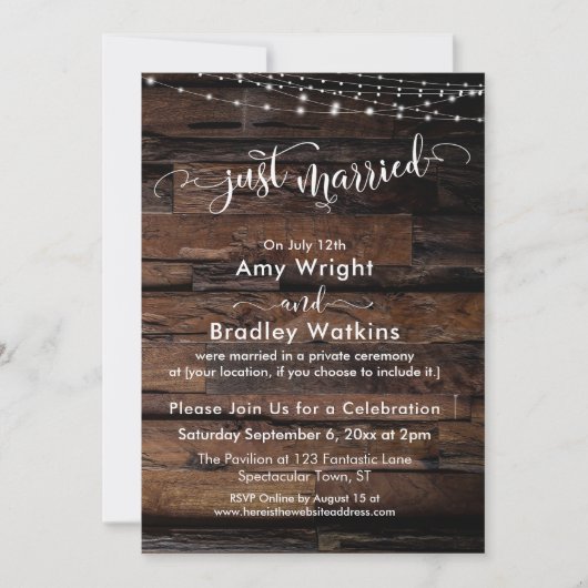 Invitation Bois rustique avec lumières, Calligraphie Mariée (Devant)