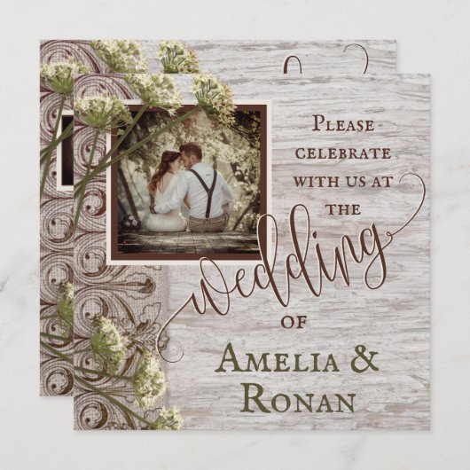 Invitation Bois rustique avec Mariage Burlap (Devant / Derrière)
