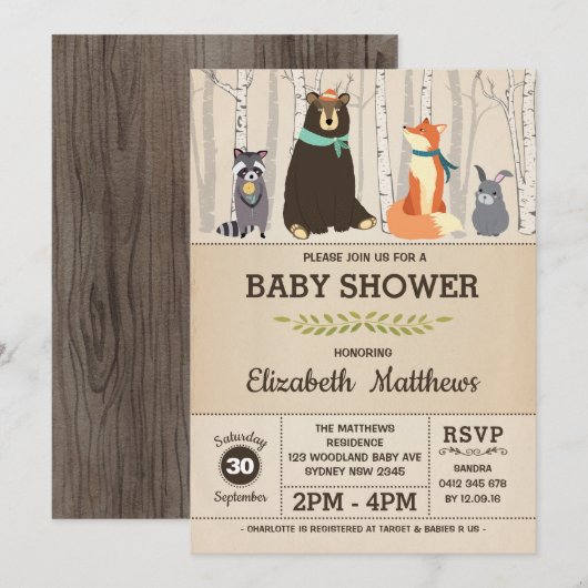 Invitation Bois rustique Baby shower Forêt Animaux (Devant / Derrière)