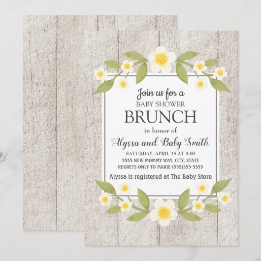 Invitation Bois rustique Blanc Baby shower Floral Brunch (Devant / Derrière)