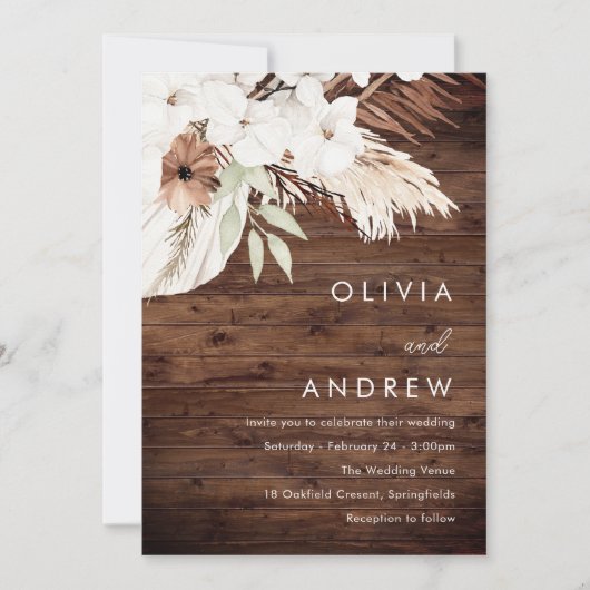 Invitation Bois rustique Blanc Boho Fleurs Mariage (Devant)