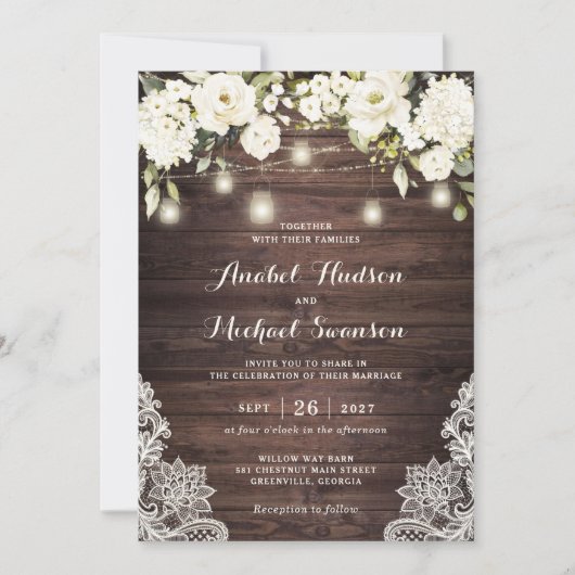 Invitation Bois rustique blanc dentelle chaîne de lumière Mar (Devant)