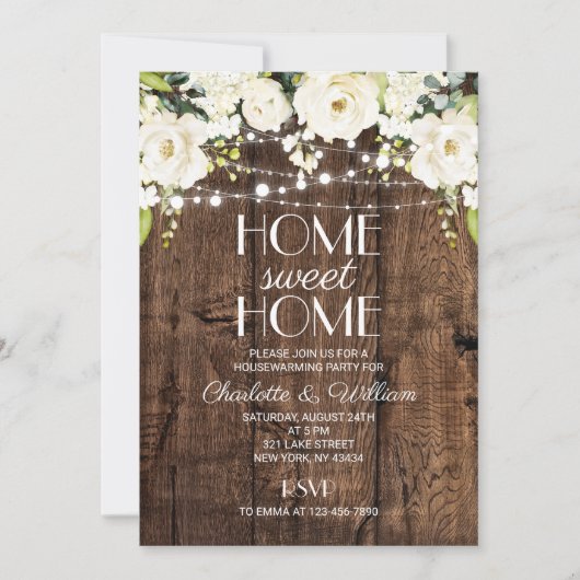Invitation Bois Rustique Blanc Fleurs Maison Douce Maison (Devant)