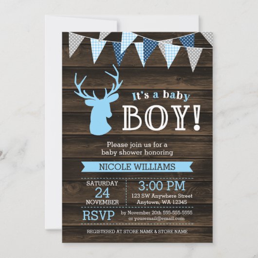 Invitation Bois rustique Bleu Cerf Garçon Douche bébé Invitat (Devant)