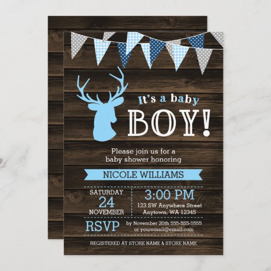 Invitation Bois rustique Bleu Cerf Garçon Douche bébé Invitat (Devant / Derrière)