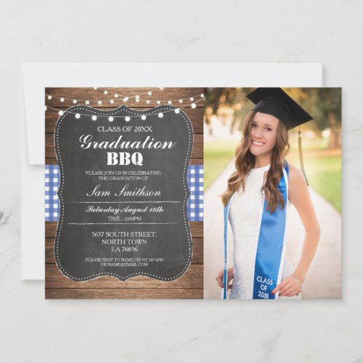 Invitation Bois rustique bleu de contrôle de photo de BBQ (Devant)