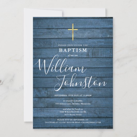 Invitation Bois Rustique Bleu Écriture Baptême Christening (Devant)