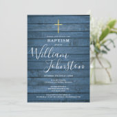 Invitation Bois Rustique Bleu Écriture Baptême Christening (Debout devant)