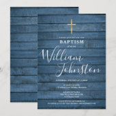 Invitation Bois Rustique Bleu Écriture Baptême Christening (Devant / Derrière)