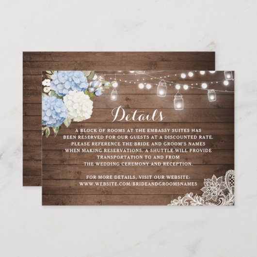 Invitation Bois rustique Bleu Hydrangea Éclairage à cordes Dé (Devant / Derrière)