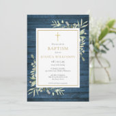 Invitation Bois rustique bleu verdure baptême (Debout devant)