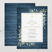 Invitation Bois rustique bleu verdure baptême (Devant / Derrière)