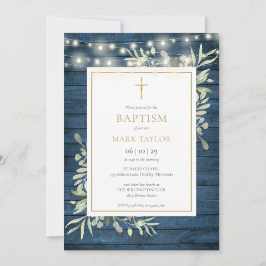 Invitation Bois rustique bleu verdure baptême (Devant)