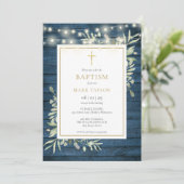 Invitation Bois rustique bleu verdure baptême (Debout devant)