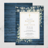 Invitation Bois rustique bleu verdure baptême (Devant / Derrière)