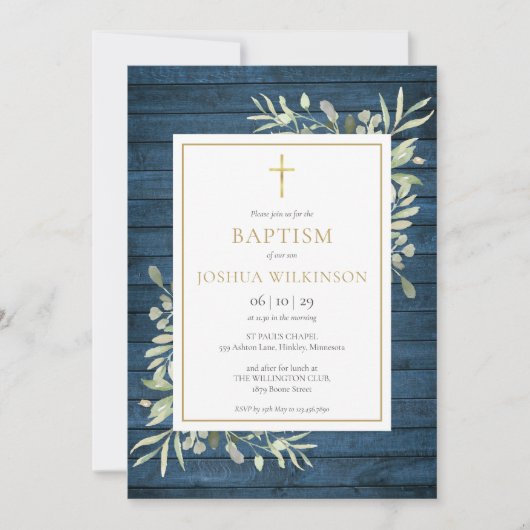 Invitation Bois rustique bleu verdure baptême christening (Devant)