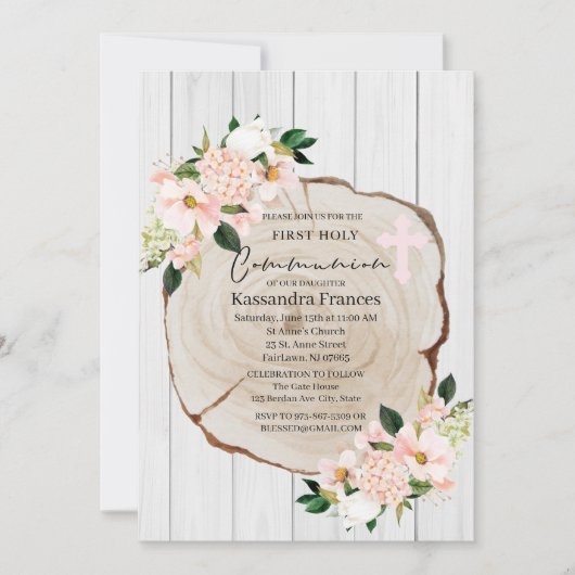 Invitation Bois rustique Blush Floral First Holy Communion (Devant)