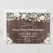 Invitation Bois rustique Blush Floral Lumières Mariage (Devant)