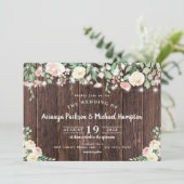 Invitation Bois rustique Blush Floral Lumières Mariage (Debout devant)