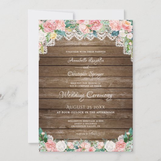 Invitation Bois rustique Blush rose Floral et Mariage dentell (Devant)
