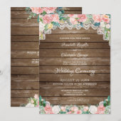 Invitation Bois rustique Blush rose Floral et Mariage dentell (Devant / Derrière)