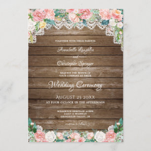 Invitation Bois rustique Blush rose Floral et Mariage dentell