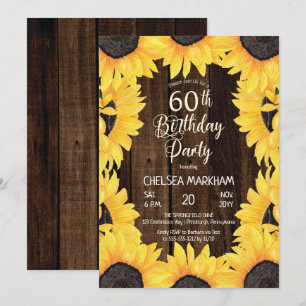 Invitation Bois rustique boisé Fleurs de soleil 60e fête d'a