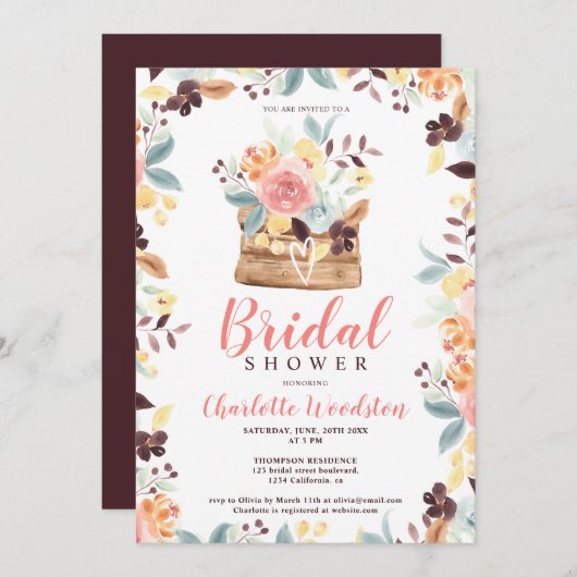 Invitation Bois rustique bordeaux boho nuptiale (Devant / Derrière)