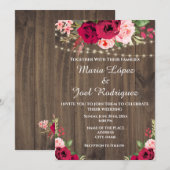 Invitation Bois Rustique Bourgogne Avec Lumières Florales Vin (Devant / Derrière)