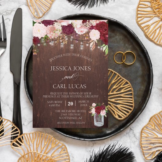 Invitation Bois rustique Bourgogne bleu rose rose mason jarre