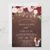 Invitation Bois rustique Bourgogne bleu rose rose mason jarre (Devant)