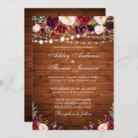 Invitation Bois rustique Bourgogne Floral Lumières Mariage (Devant / Derrière)