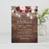 Invitation Bois rustique Bourgogne Floral Lumières Mariage (Debout devant)