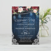 Invitation Bois rustique Bourgogne Floral Mason Jar Fiançaill (Debout devant)