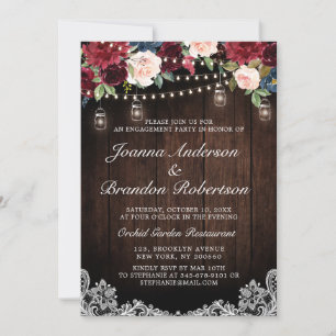 Invitation Bois rustique Bourgogne Floral Mason Jar Fiançaill