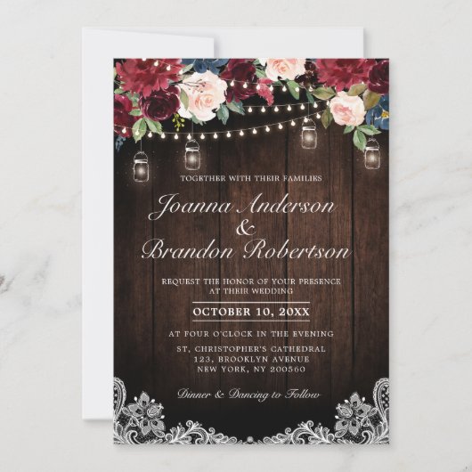 Invitation Bois rustique Bourgogne Floral Mason Jar Mariage (Devant)