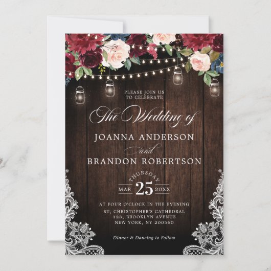Invitation Bois rustique Bourgogne Floral Mason Jar Mariage (Devant)