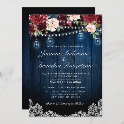 Invitation Bois rustique Bourgogne Floral Mason Jar Mariage (Devant / Derrière)