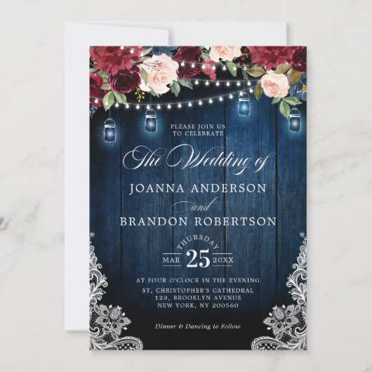 Invitation Bois rustique Bourgogne Floral Mason Jar Mariage (Devant)