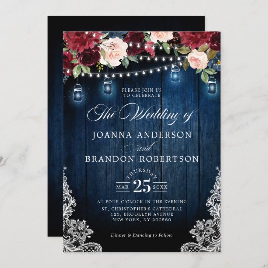 Invitation Bois rustique Bourgogne Floral Mason Jar Mariage (Devant / Derrière)