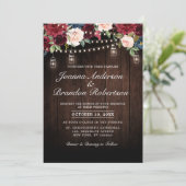 Invitation Bois rustique Bourgogne Floral Mason Jar Mariage (Debout devant)