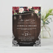 Invitation Bois rustique Bourgogne Floral Mason Jar Mariage I (Debout devant)