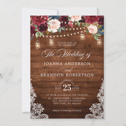 Invitation Bois rustique Bourgogne Floral Mason Jar Mariage I (Devant)